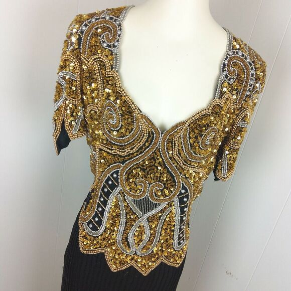 Vintage Ensemble SZ L Fully Beaded Sequin Black Gold Cocktail Formal Prom Dress - Picture 2 of 10